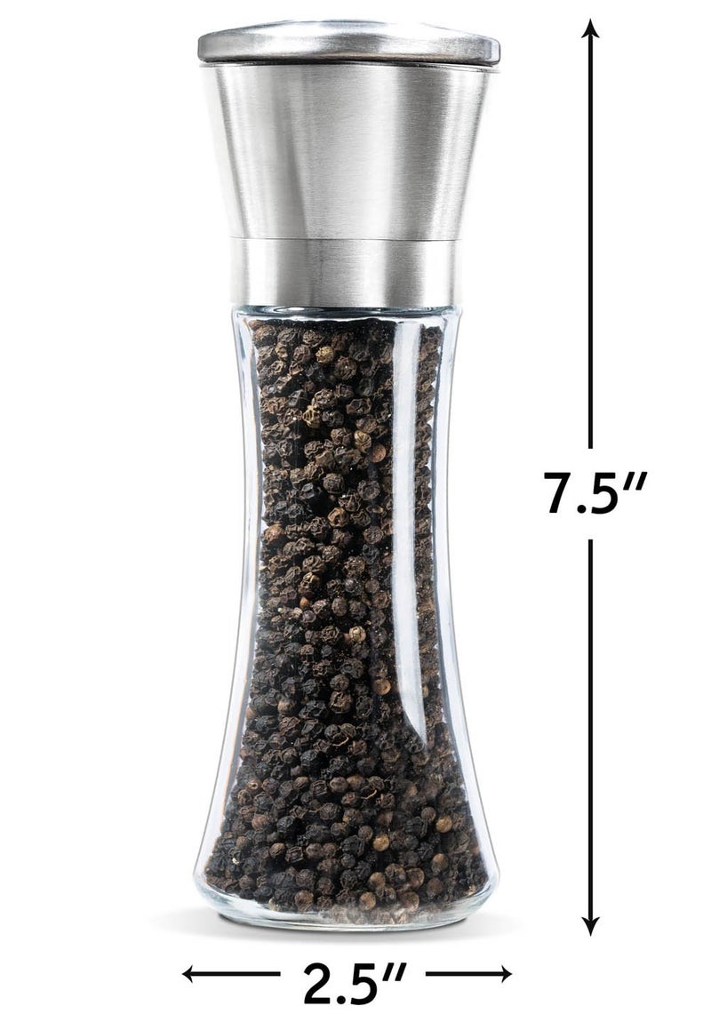 Levav Premium Salt and Pepper Grinder Set of 2- Brushed Stainless Steel Pepper Mill and Salt Mil, Glass Body, Size Grade adjustable ceramic rotor-salt and pepper shakers (tall) - Image 3